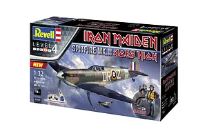 Revell 1/32 scale Spitfire Mk.II Aces High Iron Maiden model kit box showing the finished aircraft and two Eddie figures against a cloudy sky.