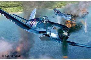 Dynamic box art illustration of two Vought F4U Corsair fighter planes flying over a burning ship in the ocean.