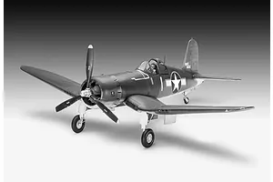 A completed 1/32 scale plastic model of a Vought F4U-1A Corsair fighter aircraft, painted in dark blue with US military markings and the name Big Hog.