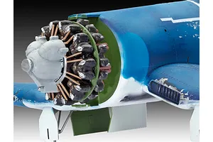 Close-up of the radial engine and nose section of a painted Vought F4U-1A Corsair plastic model aircraft.