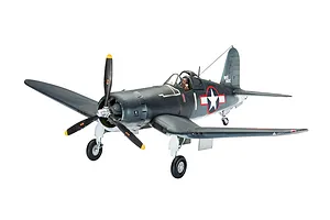 A fully assembled and painted 1/32 scale plastic model of a Vought F4U-1A Corsair fighter plane, featuring 'Big Hog' markings on the tail.