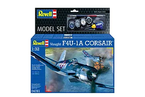 Revell 1/32 scale Vought F4U-1A Corsair plastic model kit box featuring an illustration of two fighter planes in combat over water.