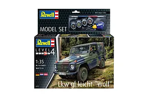 Revell 1/35 scale Truck GL Light Wolf model kit box featuring a camouflage military vehicle, including paints, glue, and a brush.