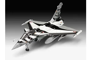 A finished 1/48 scale plastic model of a Dassault Rafale C fighter jet with a special black and white Arctic tiger-themed paint scheme.