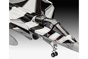 Close-up of a 1/48 scale Dassault Rafale C plastic model aircraft, featuring a striking black and white camouflage scheme and detailed cockpit.
