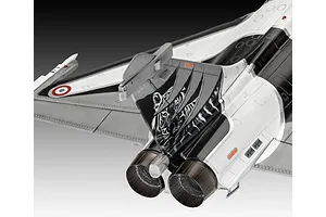 Close-up of the tail section of a 1/48 scale Dassault Rafale model aircraft featuring a tiger graphic on the vertical stabilizer.