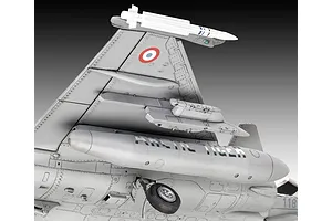 Close-up of a 1/48 scale Dassault Rafale C model aircraft showing the wing, missile, and Arctic Tiger fuel tank.