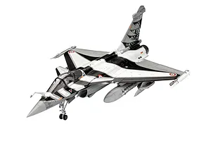A completed 1/48 scale plastic model of a Dassault Rafale C fighter jet with a special black and white tiger-themed paint scheme.
