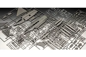 Grey plastic model kit sprues for a 1/48 scale Dassault Rafale C fighter jet, including fuselage, wings, and weapons parts.