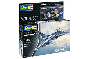 Revell 1/48 scale Dassault Rafale C plastic model kit box showing the finished aircraft in flight against a cloudy sky.