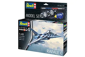 Revell 1/48 scale Dassault Rafale C plastic model kit box showing the finished aircraft in flight and included paints and glue.