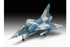 A fully assembled and painted 1/48 scale Revell Dassault Mirage 2000 C model jet fighter on a white and black gradient background.