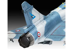 Close-up of the rear fuselage and tail fin of a painted Dassault Mirage 2000 plastic model aircraft, showing French Air Force markings and camouflage.