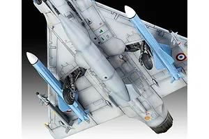 Underside view of a detailed 1/48 scale plastic model of a Dassault Mirage 2000 C fighter jet, showing landing gear, missiles, and fuel tank.