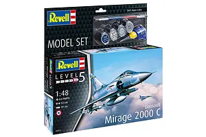 Revell 1/48 scale Dassault Mirage 2000 C plastic model kit box showing the finished aircraft in flight and included paints and brush.