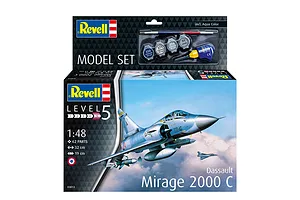 Revell 1/48 scale Dassault Mirage 2000 C plastic model starter kit box featuring an illustration of the jet in flight with included paints and glue.