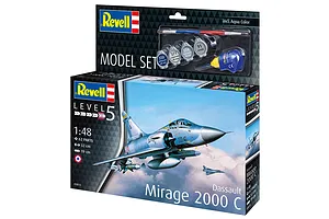 Revell 1/48 scale Dassault Mirage 2000 C plastic model kit box showing the fighter jet in flight, including paint and glue accessories.