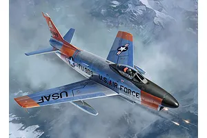 An artistic illustration of a silver F-86D Sabre jet fighter flying over snowy mountains, featuring orange accents and US Air Force markings.