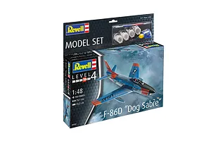Revell 1/48 scale F-86D Sabre Dog plastic model kit box showing the finished aircraft model, paints, glue, and brush included.
