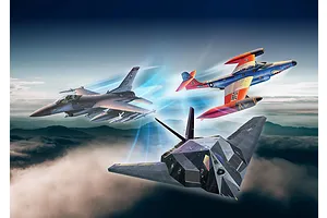 Digital illustration of three US Air Force fighter jets, an F-16, F-89 Scorpion, and F-117 Nighthawk, flying over a cloudy landscape.