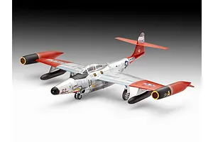 A completed 1/72 scale plastic model of a Northrop F-89 Scorpion jet fighter, featuring a silver and red paint scheme with shark mouth nose art.