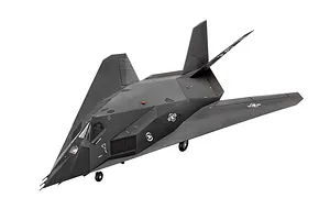 A fully assembled and painted 1/72 scale plastic model of an F-117 Nighthawk stealth aircraft, shown from a high-angle perspective against a white background.