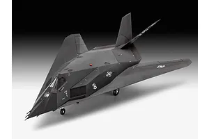 A completed plastic model of an F-117 Nighthawk stealth aircraft, shown from a high-angle front three-quarter view against a gradient background.