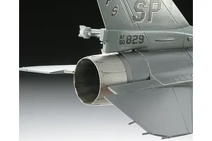 Close-up of the rear exhaust nozzle and tail section of a grey F-16 Fighting Falcon plastic model aircraft.