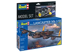 Revell 1/72 scale Avro Lancaster Mk.I/III plastic model starter kit box, featuring an illustration of the bomber in flight and included paints and glue.