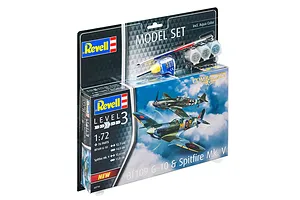 Revell 1/72 scale Bf 109G-10 and Spitfire Mk.V plastic model combat set in retail blister packaging with included paints, brush, and glue.
