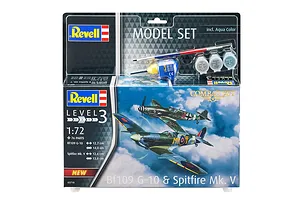 Revell 1/72 scale Bf 109G-10 and Spitfire Mk.V model kit in blister packaging with included paint, glue, and brush.