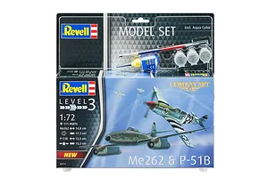 Revell 1/72 scale Me262 and P-51B Mustang model kit packaging showing the aircraft in flight and included paints, glue, and brush.