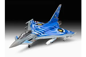 A high-angle studio shot of a 1/72 scale Revell Eurofighter Typhoon plastic model kit, featuring the special Bavarian Tiger 2021 livery.