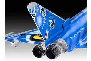 Close-up of the tail section of a Revell 1/72 Eurofighter Typhoon Bavarian Tiger model aircraft, showing the blue tiger-themed livery and engine nozzles.