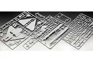 Plastic model kit sprues for a 1/72 scale Eurofighter Typhoon, showing grey aircraft parts and clear canopy pieces on a dark background.