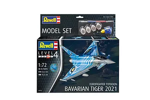 Revell 1/72 scale Eurofighter Typhoon Bavarian Tiger 2021 plastic model kit box showing the finished aircraft and included paints, brush, and glue.