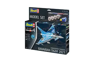 Revell 1/72 scale Eurofighter Typhoon Bavarian Tiger 2021 plastic model kit box showing the finished aircraft model and included paints and glue.