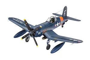 A completed 1/72 scale model of a Vought F4U-4 Corsair fighter plane in dark blue US Navy livery with orange tail markings.