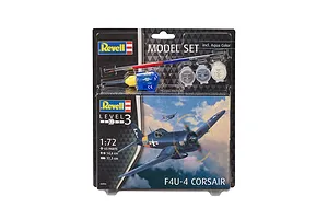 Revell 1/72 scale Vought F4U-4 Corsair model kit in blister packaging including paint, glue, and a brush.