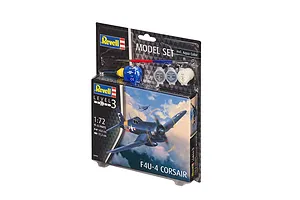 Revell 1/72 scale Vought F4U-4 Corsair plastic model starter kit in blister packaging including paints, glue, and a brush.