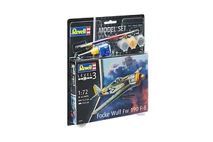 Revell 1/72 scale Focke Wulf Fw 190 F-8 plastic model kit in blister packaging, including paint pots, glue, and a paintbrush.