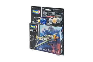 Revell 1/72 scale Focke Wulf Fw 190 F-8 plastic model kit in blister packaging, including paints, glue, and a brush.