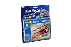 Revell 1/72 scale Fokker Dr.1 Triplane plastic model starter kit in blister packaging with included paint, glue, and brush.