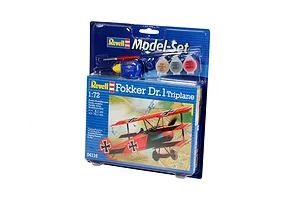 Revell 1/72 scale Fokker Dr.1 Triplane plastic model starter kit in blister packaging with included paint, glue, and brush.