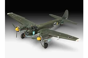 A fully assembled and painted 1/72 scale plastic model of a Junkers Ju 88 A-1 bomber, featuring dark green camouflage and yellow propeller spinners.