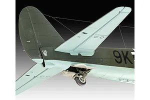Close-up of the tail section and rear landing gear of a painted Junkers Ju88 model aircraft, showing green and light blue camouflage.