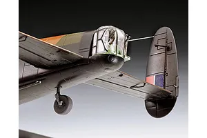 Close-up of the rear fuselage and tail section of a 1/72 scale plastic model Avro Lancaster bomber, showing the gun turret and tail fin.