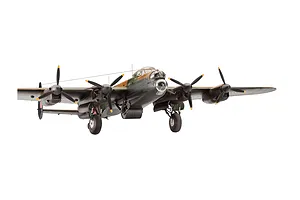 A fully assembled and painted 1/72 scale plastic model of a Lancaster B.III bomber in camouflage livery, shown from a front-quarter angle.