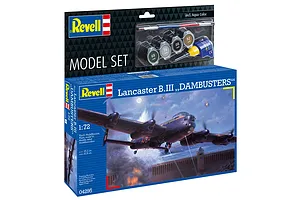 Revell 1/72 scale Lancaster B.III Dambusters model kit box with included paints and brush.
