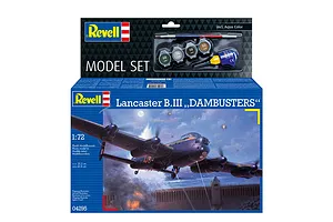 Revell 1/72 scale Lancaster B.III Dambusters plastic model starter kit box showing an illustration of the bomber flying over a dam.